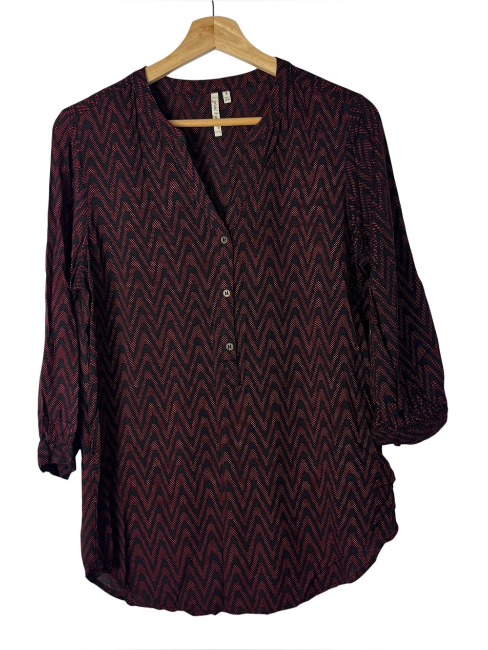 Grand & Greene Burgundy Red Chevron Henley Long Sleeve Blouse S